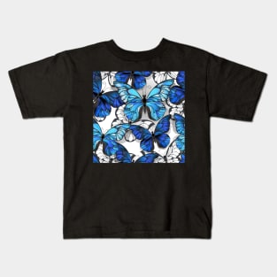 White Seamless Pattern with Blue Butterflies Kids T-Shirt